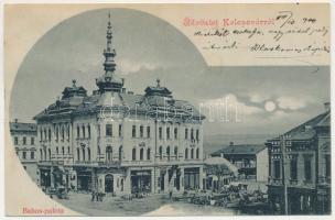 1900 Kolozsvár, Cluj; Babos palota, Phönix Biztosító Társaság főügynöksége, Wertheimer Vilmos üzlete, piac este holdfényben / street view, insurance company, palace, shops, market vendors at night in moonlight (lyuk / pinhole)