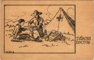1921 Tábori doktor. A KEG Cserkészcsapatok II. kiadása / Hungarian boy scout art postcard, camp doct...