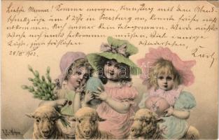 1902 Easter greeting with girls, eggs and sheep. M.M. s: R. R. v. Wichera (EK)