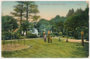 1912 Szászsebes, Mühlbach, Sebesul Sasesc, Sebes; Erlenpark. A. Gross / park + "NAGYSZEBEN - ALVINCZ 256" vasúti mozgóposta bélyegző (EM)