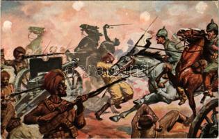 Deutsche Reiter erbeuten indische Geschütze. Der Weltkrieg 1914/15. / WWI German military art postcard (EK)