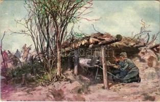 Nisser Otto, Reservefähnrich des Schützenregimentes Nr. 3. Während der Kämpfe am Dniester deckte er am 11. Mai 1915 mit zwei Maschinengewehren den Rückzug des Regimentes mit heldenmütiger Entschlossenheit / WWI K.u.K. military art postcard s: Fr. Jung (EK)