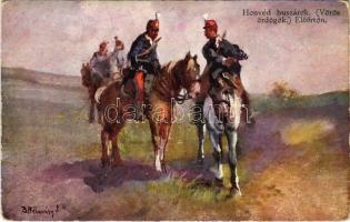 Honvéd-Hussaren (genannt die roten Teufel) Vorposten / Honvéd huszárok (vörös ördögök) előőrsön / WWI Austro-Hungarian K.u.K. military art postcard, hussars. B.K.W.I. 889-6. s: B. Bélaváry (kopott sarkak / worn corners)