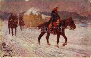 1916 Előőrsön. A M. kir. honvédelmi minisztérium hadsegélyező hivatala kiadása / WWI Austro-Hungarian K.u.K. military art postcard, outpost, support fund s: Lengyel Reinfuss (kopott sarkak / worn corners)