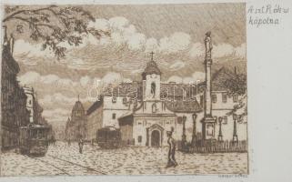 Mátrai Vilmos (1877-?). A Szt. Rókus kápolna, Budapest. Rézkarc, papír. Jelzett a karcon. Üvegezett fakeretben. 7,5x12 cm