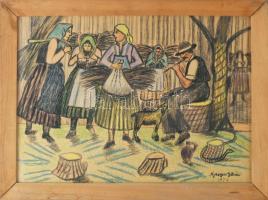 Nyergesi István (1900-1989): Rőzsehordók, 1974. Vegyes technika, papír, jelzett, üvegezett fakeretben. 31x43 cm