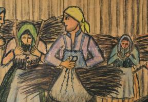 Nyergesi István (1900-1989): Rőzsehordók, 1974. Vegyes technika, papír, jelzett, üvegezett fakeretbe...