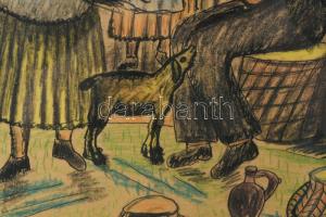 Nyergesi István (1900-1989): Rőzsehordók, 1974. Vegyes technika, papír, jelzett, üvegezett fakeretbe...