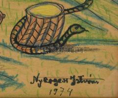 Nyergesi István (1900-1989): Rőzsehordók, 1974. Vegyes technika, papír, jelzett, üvegezett fakeretbe...