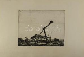 Barcsay Jenő (1900-1988): Gémeskút. Rézkarc, papír, jelzett. Egészen apró lyukakkal. 25x27 cm