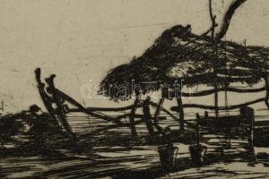 Barcsay Jenő (1900-1988): Gémeskút. Rézkarc, papír, jelzett. Egészen apró lyukakkal. 25x27 cm