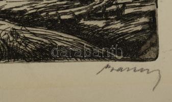 Barcsay Jenő (1900-1988): Gémeskút. Rézkarc, papír, jelzett. Egészen apró lyukakkal. 25x27 cm