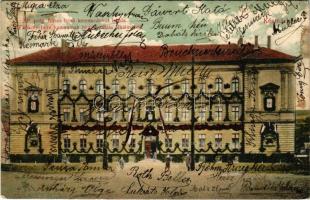 1907 Késmárk, Kezmarok; Állami polgári fiú és felső kereskedelmi iskola feldíszítve Thököly Imre hamvainak hazahozatala alkalmából, nemzeti zászlók / decorated school on the occasion of the refuneral of Imre Thököly, flags (EK)