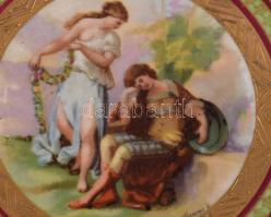 Alt wien részben kézzel festett zsánermintás dísztál, jelzett, d: 18,5 cm