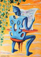 Szekeres Karrus Imre (1969-): Újság. Olaj, farost. Jelzett. Apró sérülésekkel. 70x50 cm