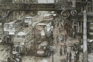 Almásy László (1926-): Londoni forgatag. Rézkarc, papír, jelzett, számozott: 3(?)/295, 39x27,5 cm. Ü...