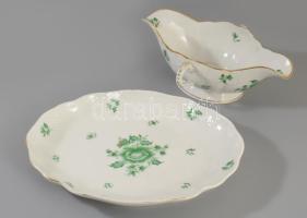 Herendi zöld eton mintás kínáló 26x21 cm + szószos edény h: 23 cm, jelzett, kopással