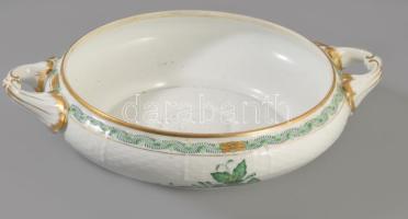 Herendi Apponyi zöld gyümölcsleveses tál, fedő nélkül, kopással, talpán kis pattanással, d: 24 cm