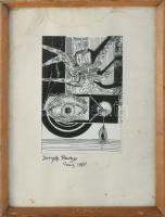 Joseph Kadar jelzéssel: Szürrealista kompozíció. Vegyes technika, papír. 18x12,5 cm. Üvegezett fakeretben, paszpartun ázásnyommal.