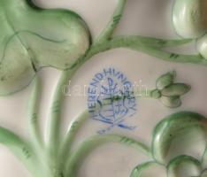Herendi zöld növényi mintás ékszeres edény, alján plasztikus mintával, jelzett, hibátlan, 10x8 cm