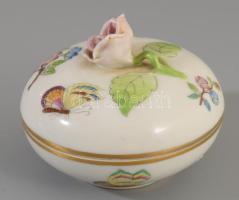 Herendi Viktória mintás bonbonier, plasztikus rózsa fogóval, jelzett, hibátlan, d: 8 cm