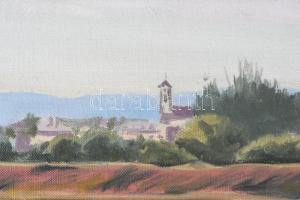 Kornis György (1927-2011): Faluszéle. Olaj, vászon, jelzett. Hátoldalán autográf felirattal. 30x60 c...