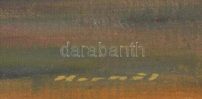 Kornis György (1927-2011): Faluszéle. Olaj, vászon, jelzett. Hátoldalán autográf felirattal. 30x60 c...