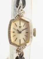 Omega 14K fehérarany (Au) női karóra. Kézi felhúzós szerkezettel. jelzett, bőr szíjjal 12x20 mm