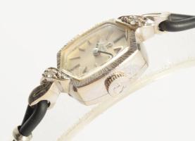 Omega 14K fehérarany (Au) női karóra. Kézi felhúzós szerkezettel. jelzett, bőr szíjjal 12x20 mm