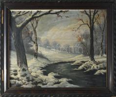 Jelzés nélkül: Téli táj. Olaj, vászon. Sérült. Dekoratív, sérült fakeretben. 41x51 cm