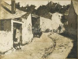 Konecsni György (1908-1970): Köves utca. Rézkarc, papír, jelzett, lapszéli apró foltokkal. Üvegezett fakeretben. 29×39 cm