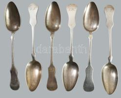 6 darab ezüst (Ag) kanál, monogramos díszítéssel. Pest, 1872-1937 közötti fémjel, 800 ezrelékes ezüst, nettó 306g