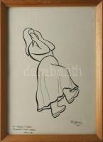Olvashatatlan (Bognár?) jelzéssel: Női alak, 1974. Tus, papír, jelzett, ajánlással Pogány Ödön Gábor (1916-1998) művészettörténész, a Magyar Nemzeti Galéria főigazgatója részére. Üvegezett fakeretben. 30,5×21,5 cm