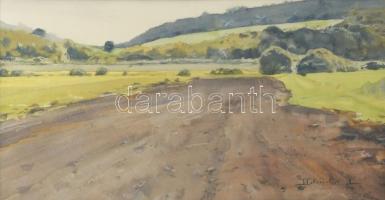 Dobroszláv Lajos (1902-1987): Felszántott föld. Akvarell, ceruza, papír, jelezve jobbra lent, üvegezett keretben, hátoldalán Képcsarnok Vállalat címkéivel, 23×41,5 cm.