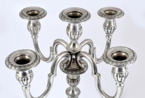 Jelzett antik ón ötágú gyertyatartó, kétrészes, jó állapotban, m: 36 cm