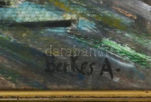 Berkes A jelzéssel: Nagyváros forgatag. Vegyes technika, karton. Üvegezett keretben, 30×41,5 cm