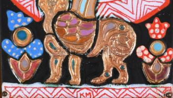 Kátai Mihály (1935 - 2020): Az aranyszőrű bárány. Tűzzománc, fakeretben, jelzett 13x20cm