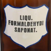 Antik patikai üveg, Liqu. Formaldehydi Saponat. felirattal, m: 22 cm