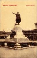 1908 Kecskemét, Kossuth szobor. Szél Nándor kiadása + "BÁZIÁS - BUDAPEST 4 C" vasúti mozgóposta bélyegző