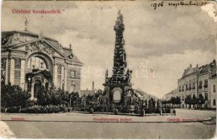 1906 Kecskemét, színház, Szentháromság szobor, Osztrák-magyar bank. Fekete (Schwartz) Soma kiadása (felületi sérülés / surface damage)