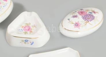 Hollóházi 4 darab virágmintás tárgy, bonbonier, hamuzó, tálka, jelzett, hibátlan