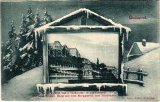 Budapest I. Az új királyi vár a várkerttel és várbazárral, montázs téli tájképpel. Ganz Antal 65. (f...