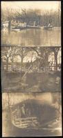 1915. áprilisa, osztrák-magyar katonai állomások a Száva folyónál Kupinovo község (Vajdaság, Szerbia) közelében; a Száva kiáradása által okozott árvíz miatt környék ekkor csak csónakkal volt járható; 3 db I. világháborús fotó, a hátoldalon német nyelven feliratozva, 8x11 cm