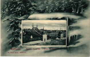 Budapest XI. Ferenc József híd, montázs téli tájképpel. Ganz Antal 72. (gyűrődés / crease)