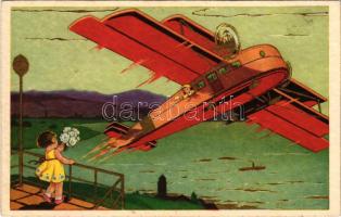 Children art postcard, farewell from the boy on the hydroplane (seaplane). Degami 2265
