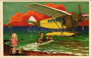 Children art postcard, farewell from the boy on the hydroplane (seaplane). Degami 2265