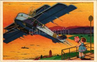 Children art postcard, farewell from the boy on the hydroplane (seaplane). Degami 2265