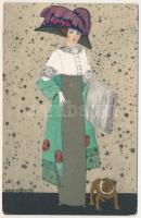1912 Mode. Wiener Werkstätte No. 518. / Lady and dog art postcard s: Mela Koehler (r)