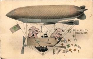 1908 Glückliches Neujahr / Újévi üdvözlőlap léghajón pezsgőző malacokkal / New Year greeting art pos...