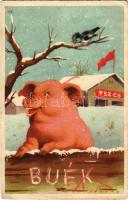 BUÉK, TSZCS (termelőszövetkezeti csoport), szocialista újévi propaganda lap malaccal. Képzőművészeti Alap / Hungarian socialist propaganda New Year greeting card with pig s: Németh (fa)
